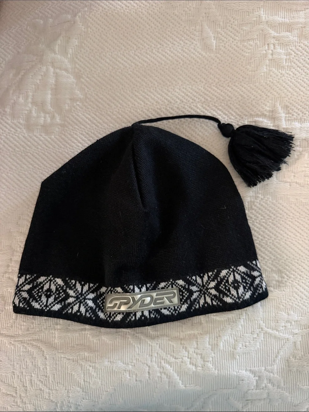 Spyder Black White Nordic Fleece Lined Tassel Beanie